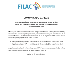 COMUNICADO 01/2021: CONTRATACIÓN DE UNA EMPRESA PARA LA REALIZACIÓN DE LA AUDITORÍA EXTERNA A LOS ESTADOS FINANCIEROS DE LA GESTIÓN 2020