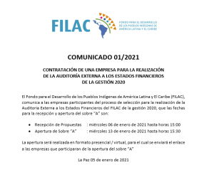 COMUNICADO 01/2021: CONTRATACIÓN DE UNA EMPRESA PARA LA REALIZACIÓN DE LA AUDITORÍA EXTERNA A LOS ESTADOS FINANCIEROS DE LA GESTIÓN 2020