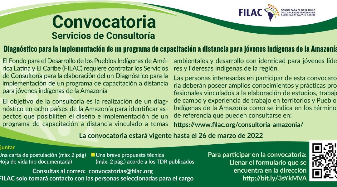 Convocatoria: Diagnóstico para la organización e implementación de un programa de fortalecimiento de capacidades técnicas a distancia para Jóvenes Indígenas de la Amazonía