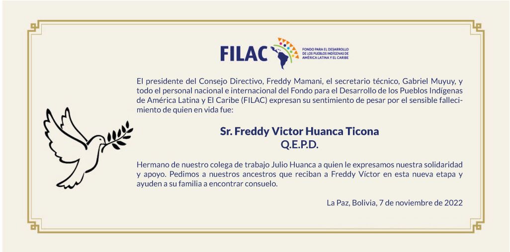 Condolencias por el sensible fallecimiento de Freddy Víctor Huanca Ticona